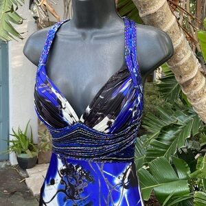 Cache backless beaded dark floral satin gown